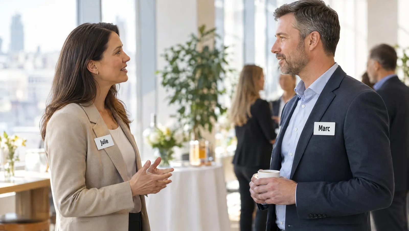 Two people talking at a networking event about one metre apart, each wearing a name tag with a large, bold first name