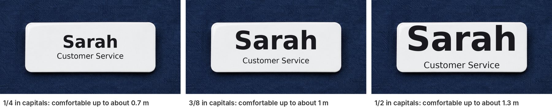 The same 3 by 1 inch name tag with the first name at 1/4, 3/8 and 1/2 inch capital height