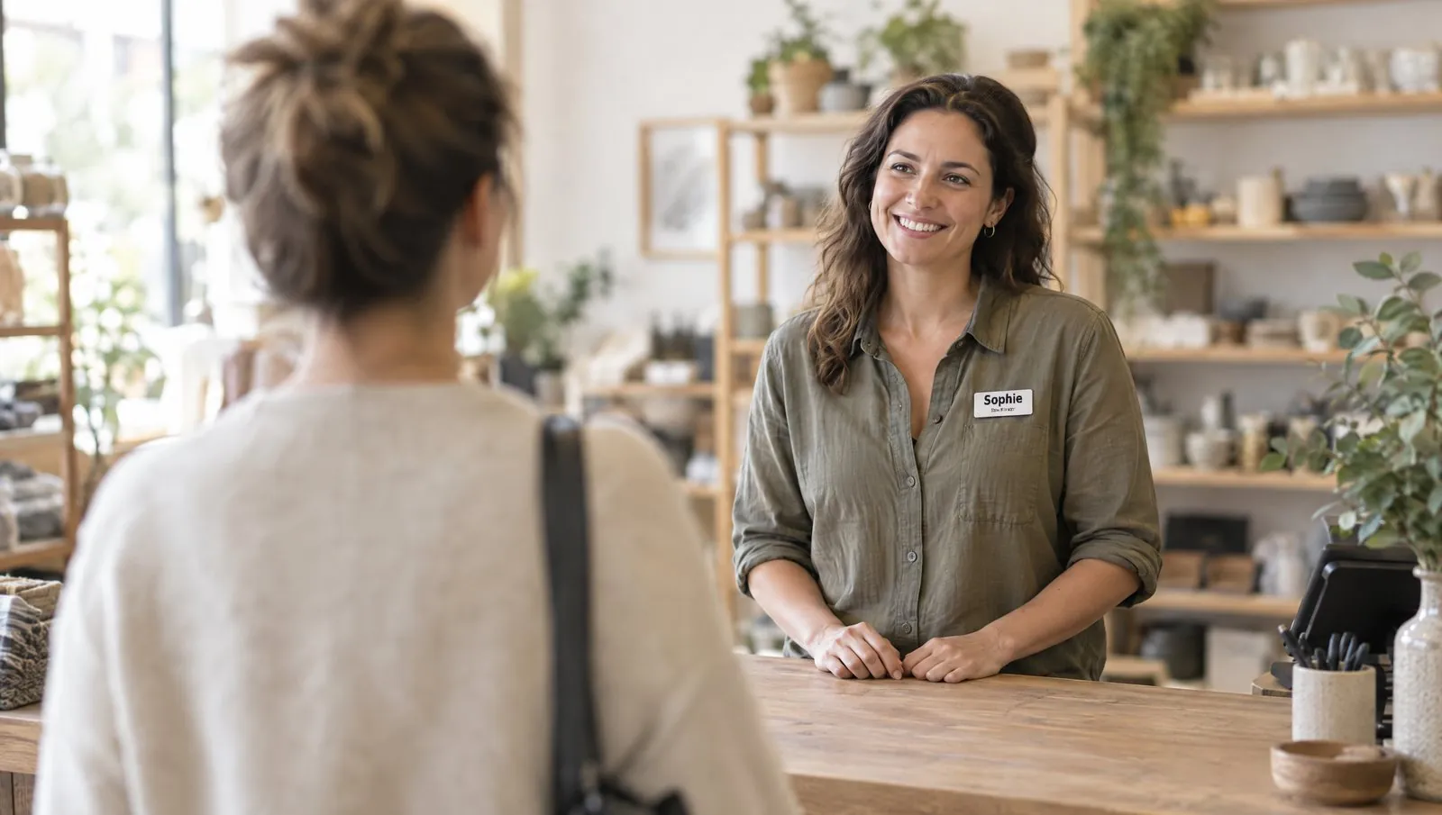 A customer approaching a shop counter; the employee's first name is readable from two metres but the small job title is not