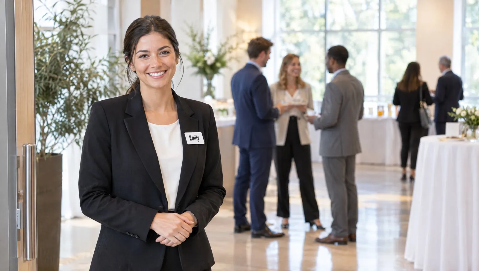 An event host welcoming guests at a reception, with a clearly readable first name on her name tag