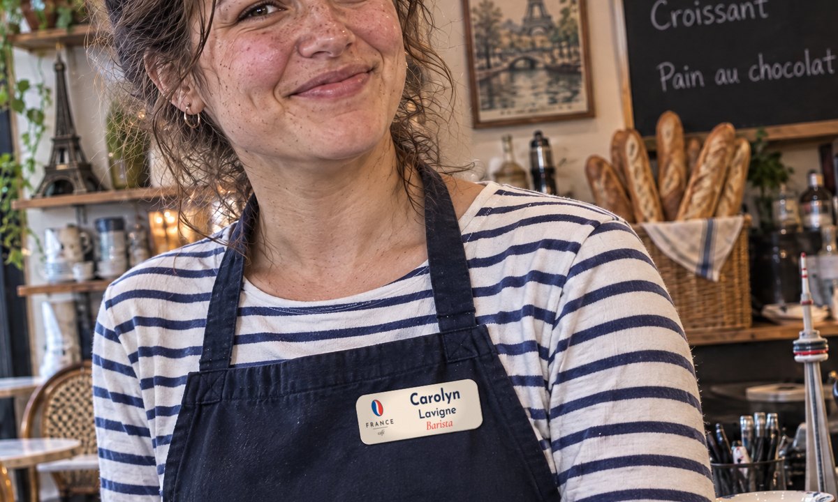 Name tag with a 24 pt first name seen from about 1 m at the café counter