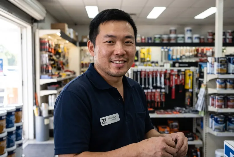 Employé de quincaillerie portant un porte-nom en métal brossé gravé de 3 × 1 po