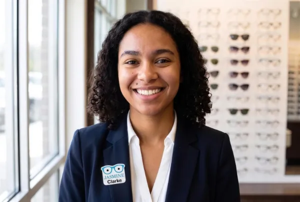 Opticien portant un petit porte-nom carré découpé en forme de lunettes, 1,75 po