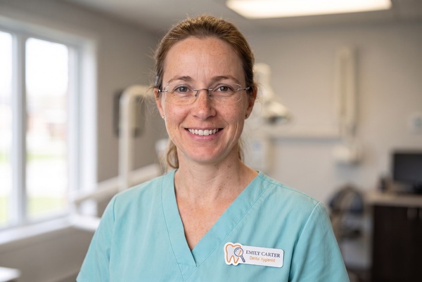 Dental hygienist wearing a die-cut tooth shaped name tag, 3 inches wide