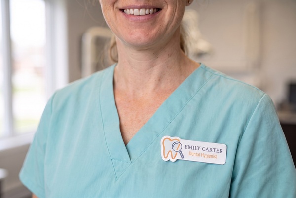 Close-up of a die-cut tooth shaped name tag on a dental uniform