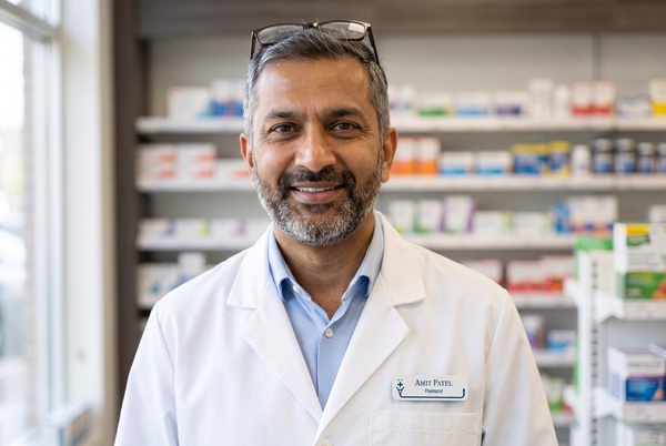Pharmacist wearing a die-cut name tag with a blue medical cross, 3 inches wide