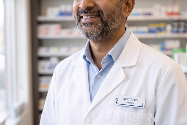 Close-up of a die-cut name tag with a medical cross on a pharmacist coat
