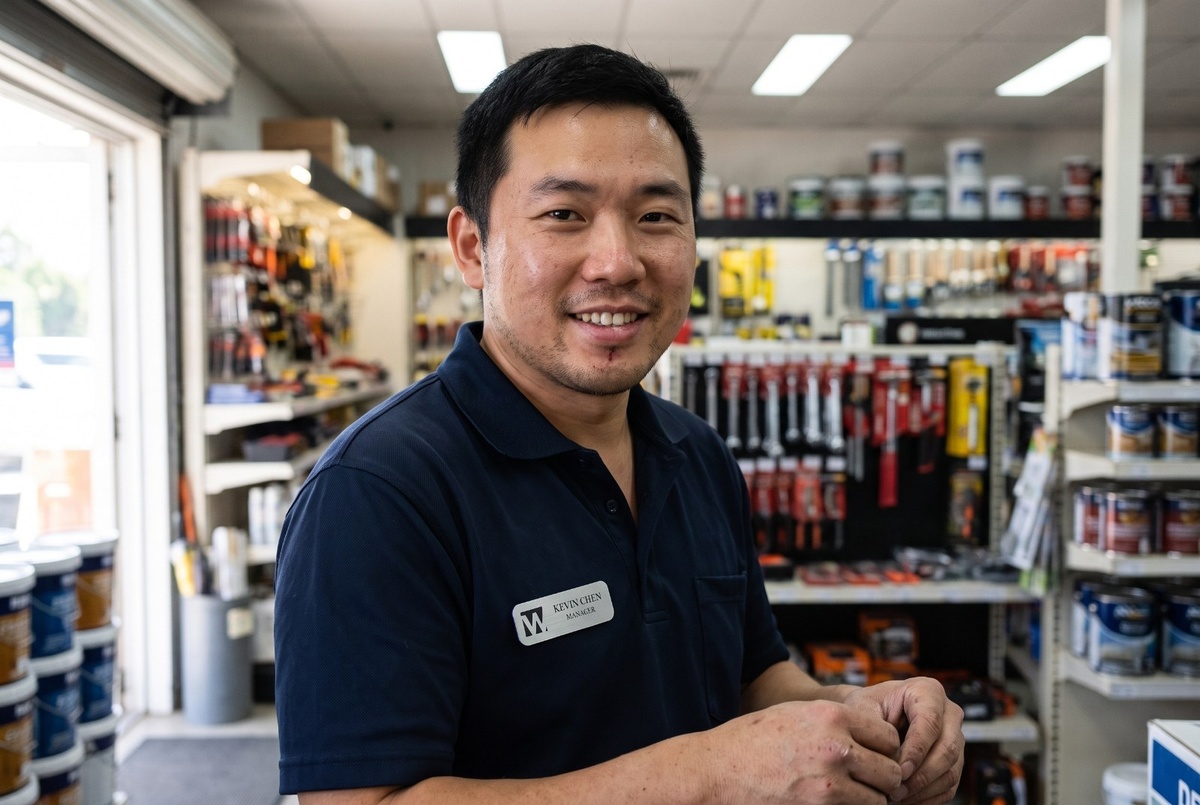 Hardware store employee wearing an engraved brushed metal name tag measuring 3 by 1 inches