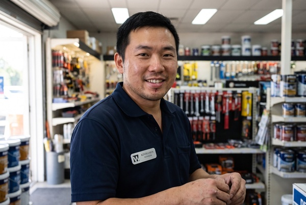 Hardware store employee wearing an engraved brushed metal name tag, 3 by 1 inches
