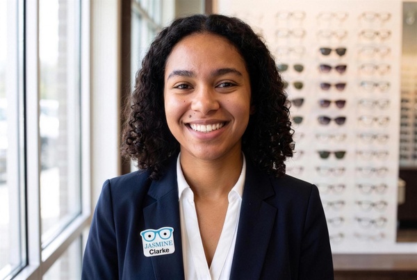 Optician wearing a small square die-cut eyeglasses name tag, 1.75 inches