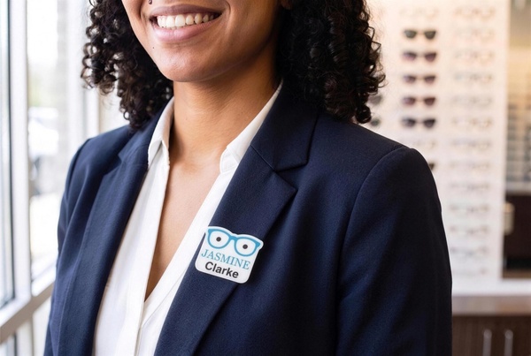 Close-up of a small eyeglasses shaped name tag on a blazer